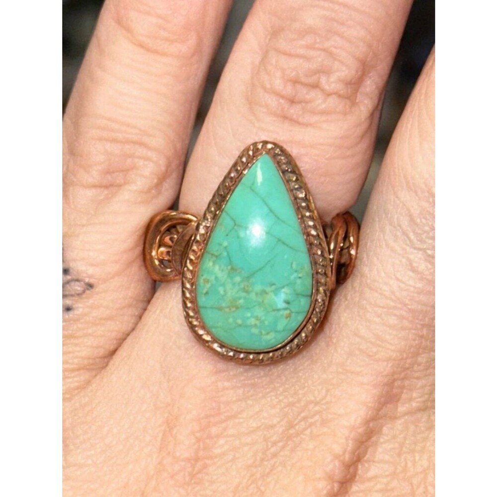 Teardrop Turquoise Stone Pure Copper Wire Wrapped Bypass Ring Size 6